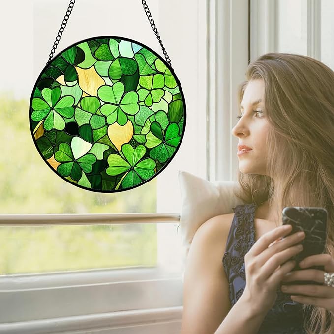 Stained Glass Window Hanging Lucky Clover 9.8" - Suncatcher Door Garden Sun Catcher Ireland Green Decor Birthday Mother's St. Ripack's Day Gift for Woman Mom Men Friend Nana Wife