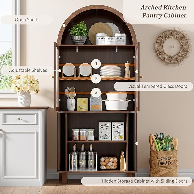 69" Tall Kitchen Pantry Storage Cabinet with Sliding Door, Modern Curved Edge Pantry Storage Cabinet with Glass Door & Adjustable Shelves, Walnut Cupboard for Kitchen, Dining Room, Living Room, Office