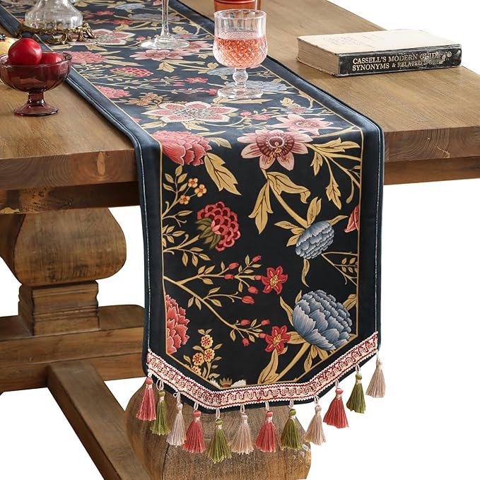 patdrea Designer Vintage Black Floral Velvet Table Runner 87 Inch Long, Pink Khaki Bouquets Pattern Table Mat, Decoration for Kitchen Dining Coffee Table Cabinet Banquet Thanksgiving,12"*87"