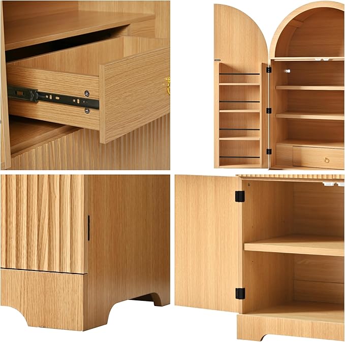 72" Tall Arched Kitchen Pantry, Modern Fluted Wood Storage Cabinet with 3 Adjustable Shelves and Hidden Drawer, Versatile Cupboard for Dining Room, Living Room, Bathroom, Natural