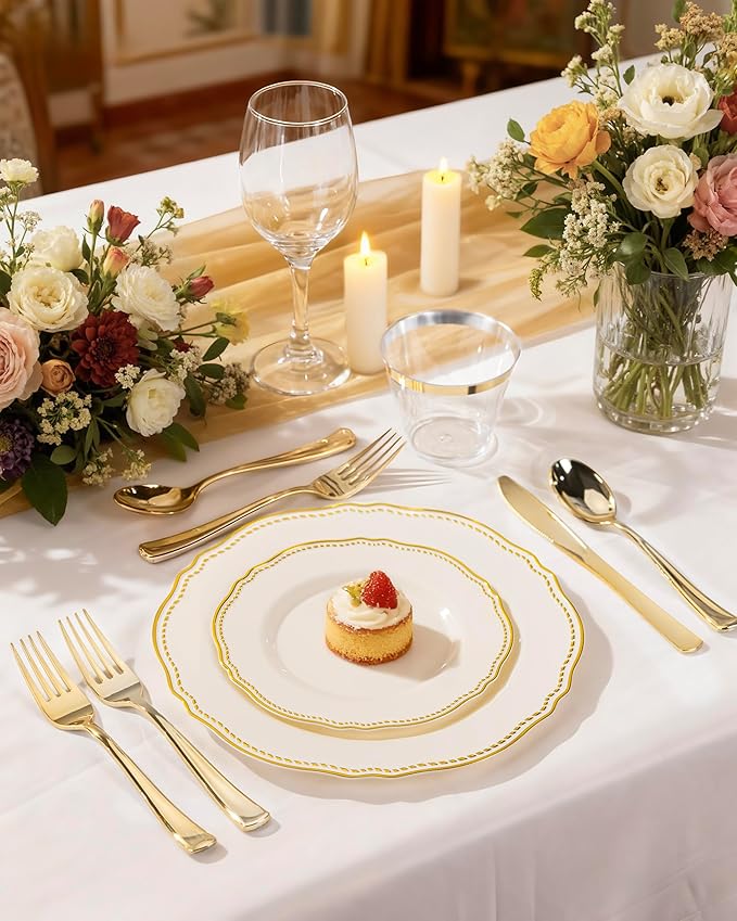 Hioasis 60PCS Ivory Plastic Plates - Ivory and Gold Disposable Dinnerware with Gold Rim, Heavy-duty, 10 inch, Dinner Plates for Party & New Year
