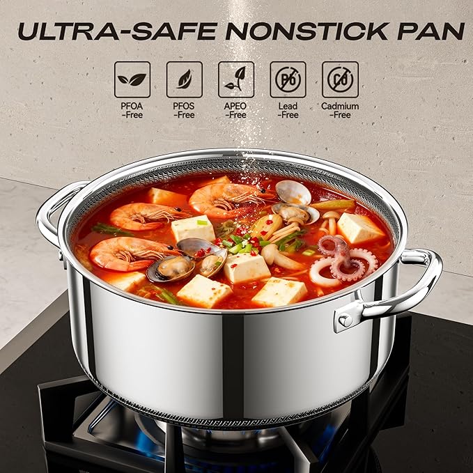 Hybrid Nonstick 2-Quart Stockpot,8 Inch Stainless Steel Stockpot with Glass Lid,PFAS PFOA PTFE Free, Dishwasher-Friendly, Oven-Safe Up to 600째F,Non-stick Soup Pot Compatible with All Cooktops