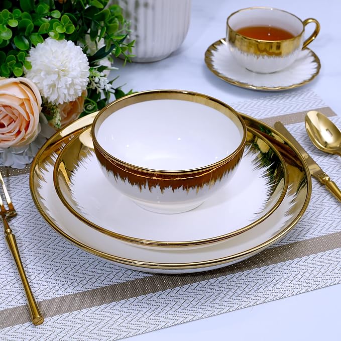 Luxury 12 Piece Porcelain Dinnerware Sets Service for 4, Modern Stoneware Plates and Bowls Sets,Ceramic Dish Set, Highly Chip and Crack Resistant Modern Plate Set, White and Gold