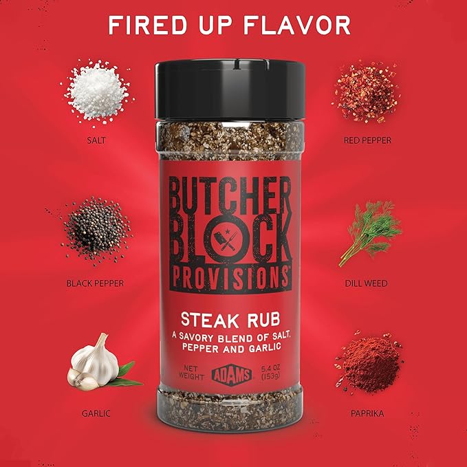 Butcher Block Provisions - Steak Rub - Savory Salt, Pepper & Garlic Blend - Bold Seasoning with Red Pepper, Dill & Paprika for Steaks - 5.4 oz