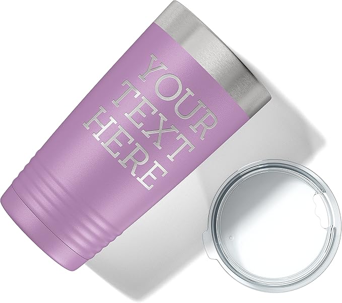 Personalized 20oz (17 Colors) Powder Coated Insulated Stainless Steel Tumbler with Lid, Custom Etched, Customized Text Message Name, Engraved Gift Idea Women Men Him Her, Your Text Here (Light Purple)