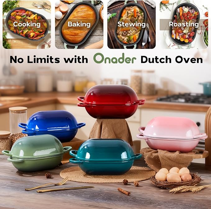 Onader Enameled Cast Iron Dutch Oven, 2.8QT Dutch Oven Pot with Lid for Sourdough Bread Baking, Oval Meatloaf Pan, Heavy Duty - Pistachio Green