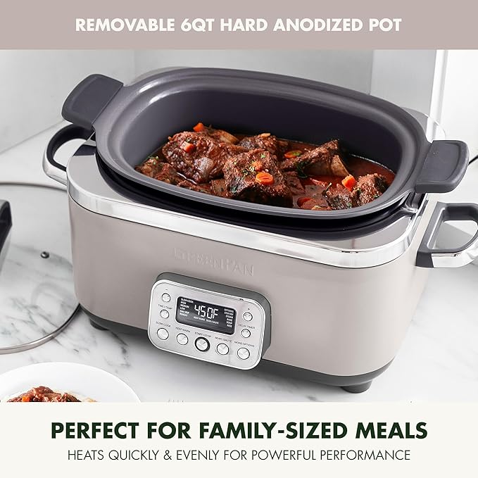 GreenPan Elite 14-in-1 Programmable 6QT Electric Slow Cooker, Dishwasher Safe Lid & Removable Crock, PFAS-Free Healthy Ceramic Nonstick Multi-Cooker, Sear, Saut챕, Brown, Steam Basket, Roast, Clay