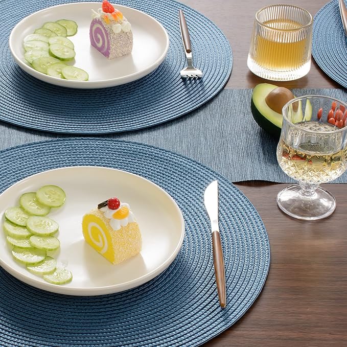 FunWheat Round Braided Placemats Set of 6 Table Mats for Dining Tables Woven Washable Non-Slip Place mats 15 in(Blue, 6pcs)