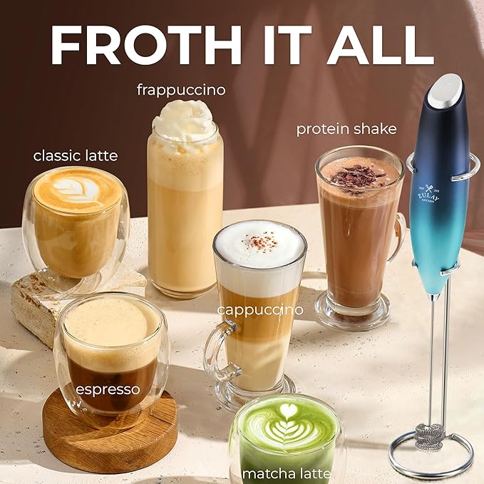 Zulay Kitchen Patented Tornado Triple Whisk Milk Frother with 4 Duracell Batteries ??Handheld Foam Maker for Coffee, Lattes, Matcha & Hot Chocolate ??Rich, Creamy Froth in Seconds