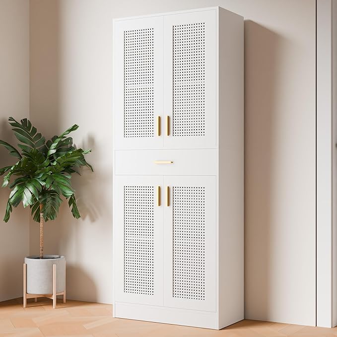 Cozy Castle Kitchen Pantry Cabinet, 71" Tall Rattan Doors Storage Cabinet with Large Drawer and Adjustable Shelves, Freestanding Rattan Pantry Cabinets for Kitchen, Dining Room, Living Room, White