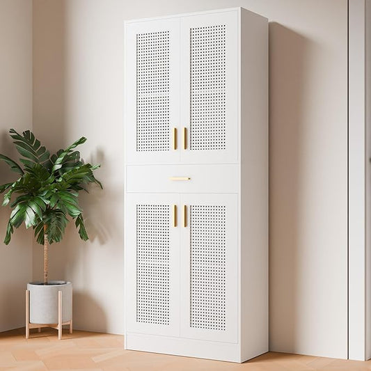 Cozy Castle Kitchen Pantry Cabinet, 71" Tall Rattan Doors Storage Cabinet with Large Drawer and Adjustable Shelves, Freestanding Rattan Pantry Cabinets for Kitchen, Dining Room, Living Room, White