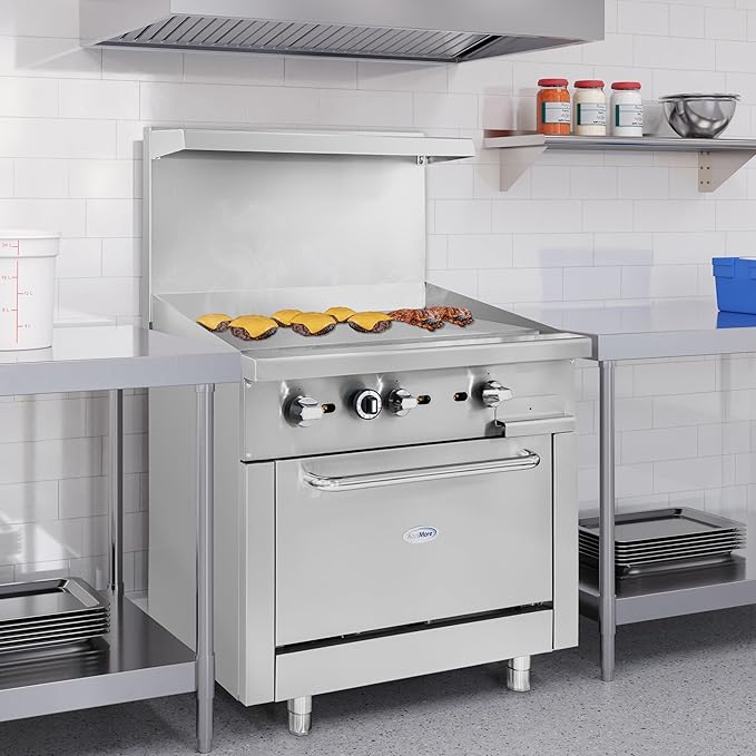 KoolMore 36 in. Commercial Natural Gas Oven with Full Griddle Top, Ceramic Coated Interior and Large Upper Shelf, 90000 BTU, CSA Listed in Stainless-Steel (KM-CRG36G-NG)