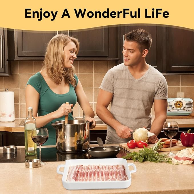 Bacon Cooker for Microwave Oven,Ceramic Microwave Bacon Tray,White Bacon Cooker Meat Rack for Oven, Square Baking Tray,Multi-Functional Microwave bacon Cooker,Microwave-Safe