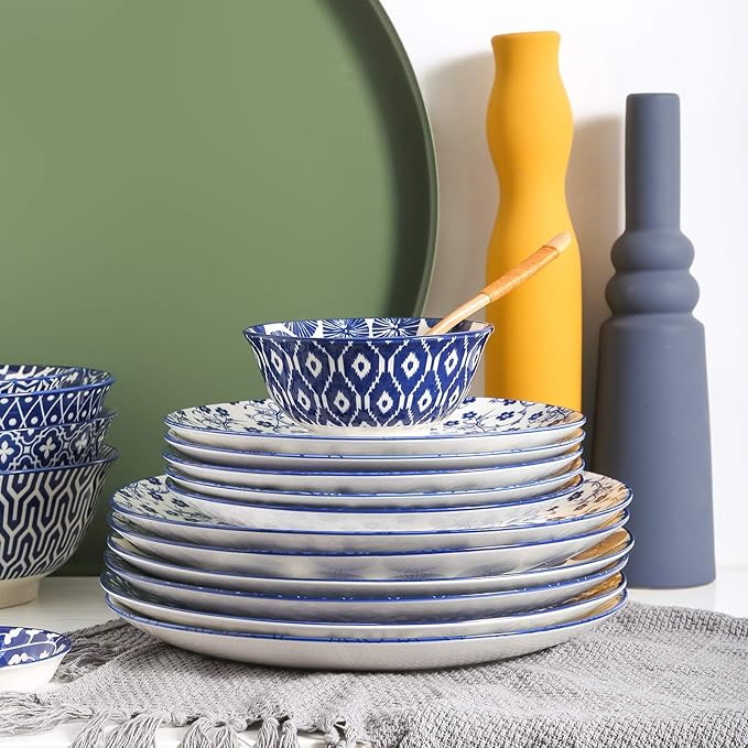 Selamica 10 inch Porcelain Dinner Plates, Large Size Ceramic Plates for Salad, Pancakes, Scratch Resistant, Microwave, Oven and Dishwasher Safe Plates Set of 6, Vintage Blue