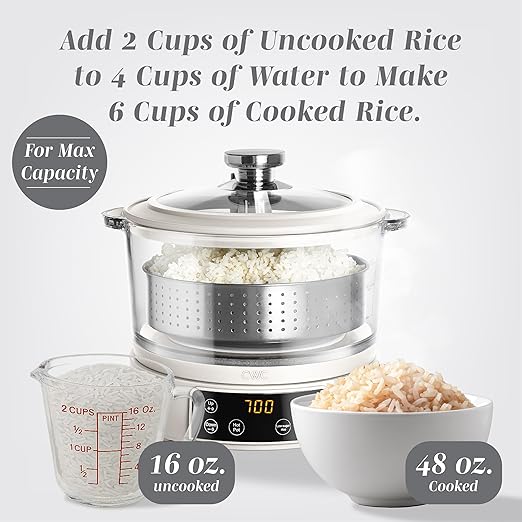 COOK WITH COLOR 3L Glass Mini Low Carb Rice Cooker ??Holds 2 Cups Raw/Makes 6 Cups Cooked with Auto Lift Filter Basket, Hotpot & Steamer for Rice, Grains, Digital Panel with Keep Warm, Cream