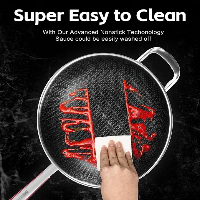 MEGOO 12 inch Stainless Steel nonstick wok with lid | Honeycomb wok & stir-fry pan | induction wok Compatible with All Cooktops | Dishwasher Safe | PFOA/PFA-Free