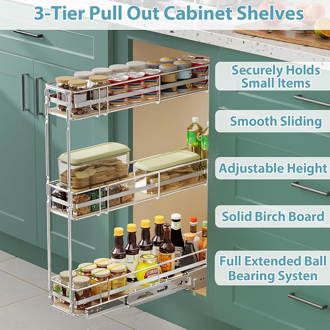 Pull Out Spice Rack Cabinet Organizer 6" W x 20쩍" D, 3 Tier Heavy Duty Slide Out Wood Shelf for Narrow Cabinet, Pull Out Storage for Kitchen