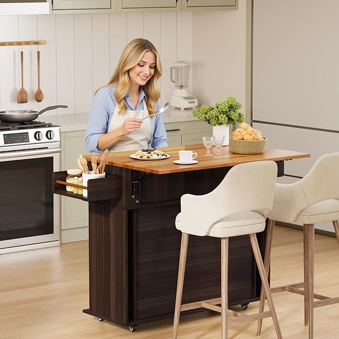DHH Rolling Kitchen Island with Drop Leaf Countertop&Ample Storage - 39.4" Small Mobile Kitchen Cart On Wheels with Sliding Door,Drawers,Spice Rack & 2-Tier Storage (Coffee)