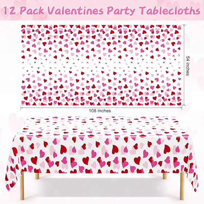 12 Pack Valentines Plastic Tablecloth, 54" x 108" Valentines Decorations, Heart Disposable Red Pink Galentine Tablecloths Love Party Favors, Love Decorations Table Decor for Birthday Party Supplies