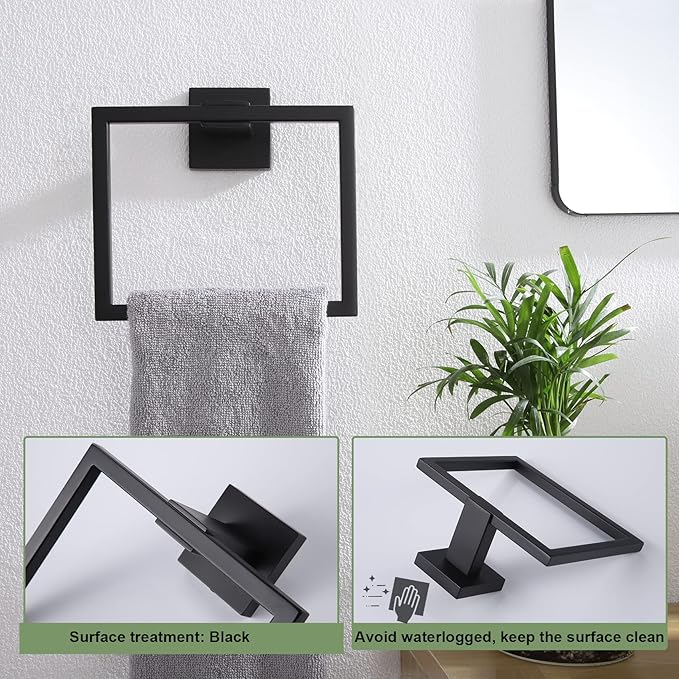 KOKOSIRI Hand Towel Ring Shower Towel Hanger 2PC Bath Towel Holder Bathroom Lavatory Stainless Steel Wall Mount 2 Pack, Matte Black, B3004BK-P2
