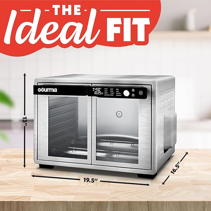 Gourmia French Door Air Fryer Oven - 37 Qt Large Capacity Convection Toaster Oven, FryForce 360°, Digital Display, 12 Cooking Presets, Dehydrate, Fits 13??Pizza, Dishwasher-Safe, Stainless Steel