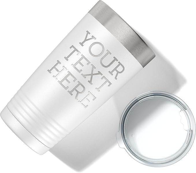 Personalized 20oz (17 Colors) Powder Coated Insulated Stainless Steel Tumbler with Lid, Custom Etched, Customized Text Message Name, Engraved Gift Idea Women Men Him Her, Your Text Here (White)