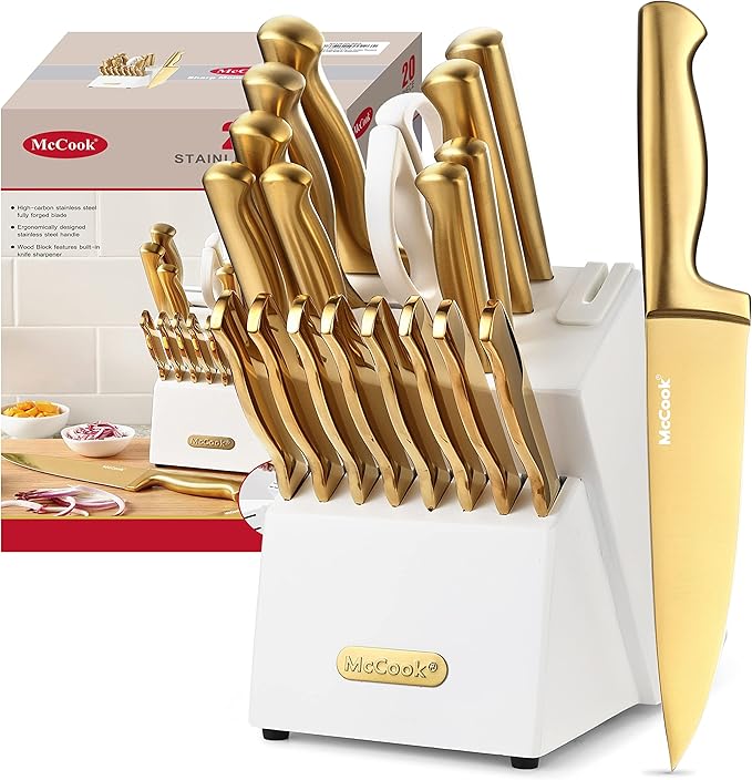 McCook짰 Kitchen Knife Sets, Golden Titanium Stainless Steel Knives Block Set with Built-in Sharpener