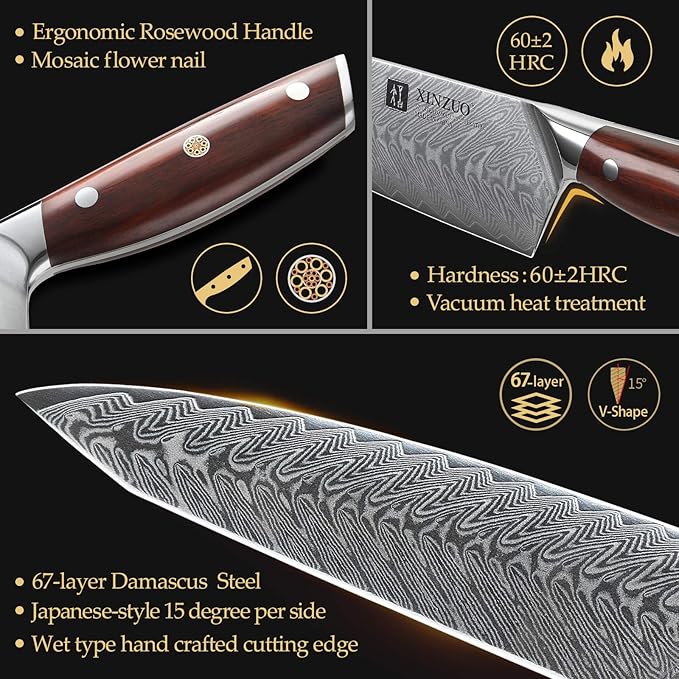 XINZUO 7PCS Knife Block Set,Professional Damascus Steel Chef Knife Santoku Bread Utility Fruit Knife with Multifunctional Kitchen Shears,Ergonomic Rosewood Handle