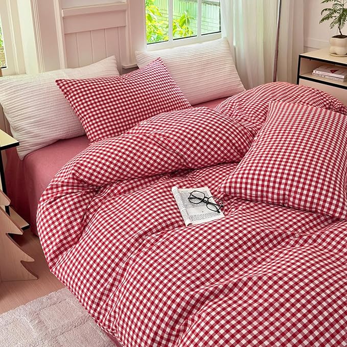 LifeTB Red Gingham Comforter Set Twin XL Modern Style Red Plaid Comforter Set 3 Pieces Soft Fluffy Grid Checkered Pattern Comforter with 2 Pillowcases Farmhouse Gingham Bedding Set Breathable