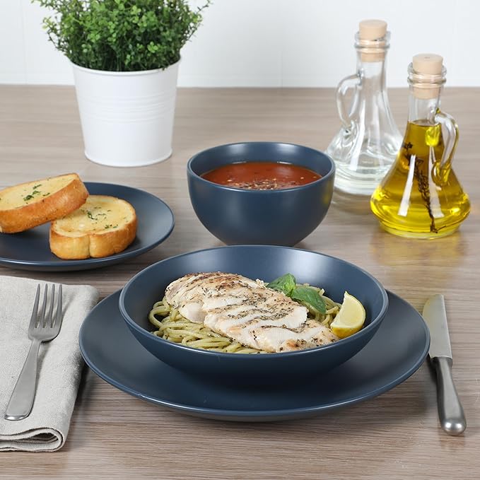 Gibson Home Queenslane 16-Piece Matte Blue Stoneware Dinnerware Set ??Double Bowl Plates and Bowls, Durable Kitchen Dinner Set