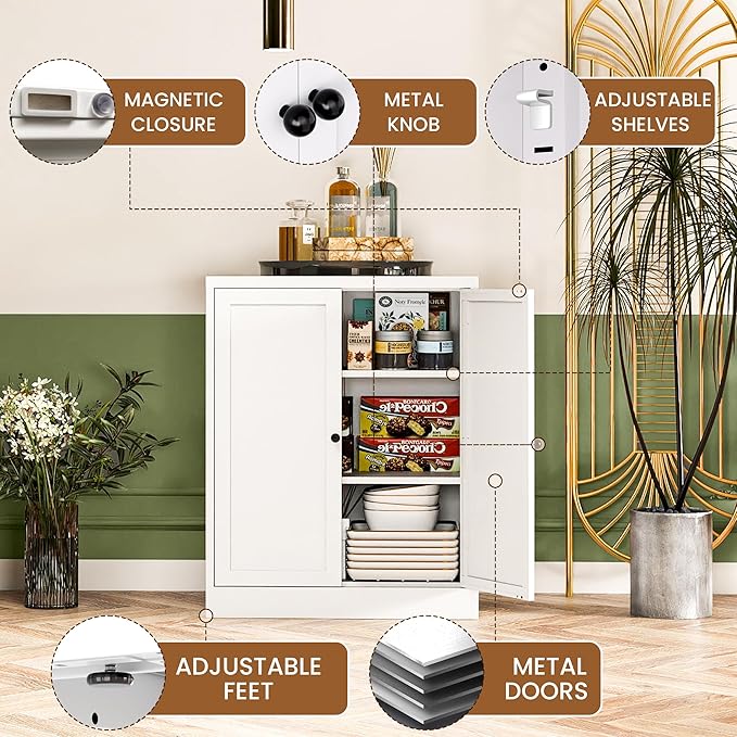 Metal Pantry Cabinet with 2 Adjustable Shelves, Small Kitchen Cupboard Storage Cabinet for Dining Room Living Room Bathroom Office(White)
