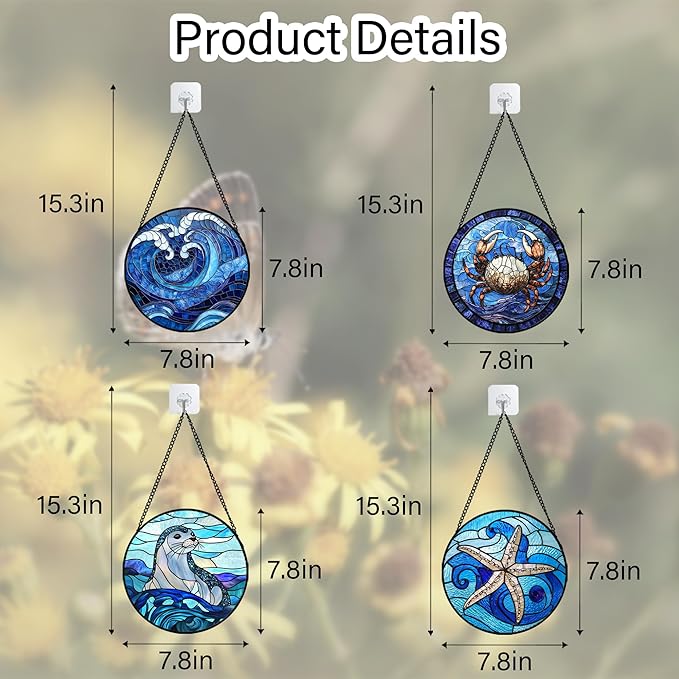 Stained Glass Window Hanging 4 Pcs Set Blue Ocean Waves 7.8" - Starfish Crab Seal Suncatcher Door Garden Sun Catcher Decor Birthday for Mom Woman Nana Men Friend