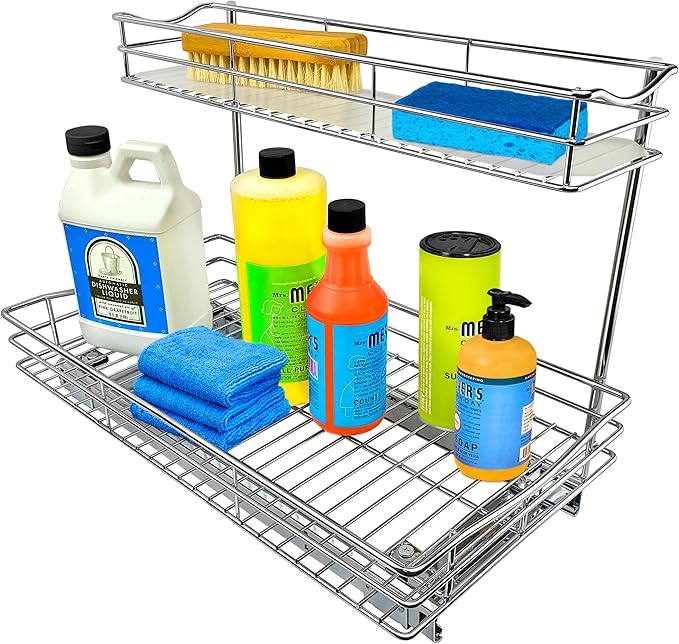 LYNK PROFESSIONAL짰 Pull Out Under Sink Kitchen Cabinet Organizer - 11.5 in. x 21 inch deep Drawer - Sliding Shelf Organizer for Cabinets and Undersink Storage Shelves - Lifetime Ltd. Warranty ??Chrome