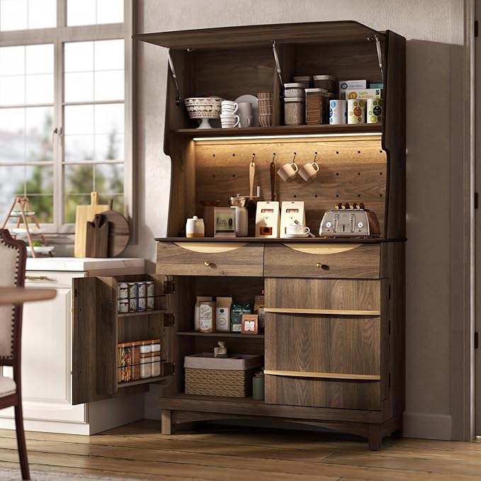 STO'SENSE 72?쇺?Kitchen Pantry Cabinet w/Power Outlets, Tall Storage Cabinet w/LED Light, FILP-up Door & Pegboard, Freestanding Kitchen Hutch w/Drawers, Solid Wood Handles (Walnut)