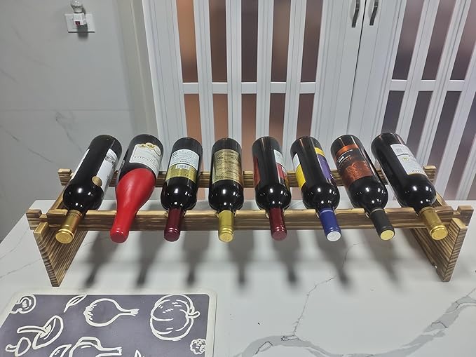 Carbonized Pine Wood Wine Rack - 1-Tier Wine Storage, Holds 8 Bottles, Freestanding Wine Organizer for Home Bar, Kitchen, Living Room, Stylish & Durable