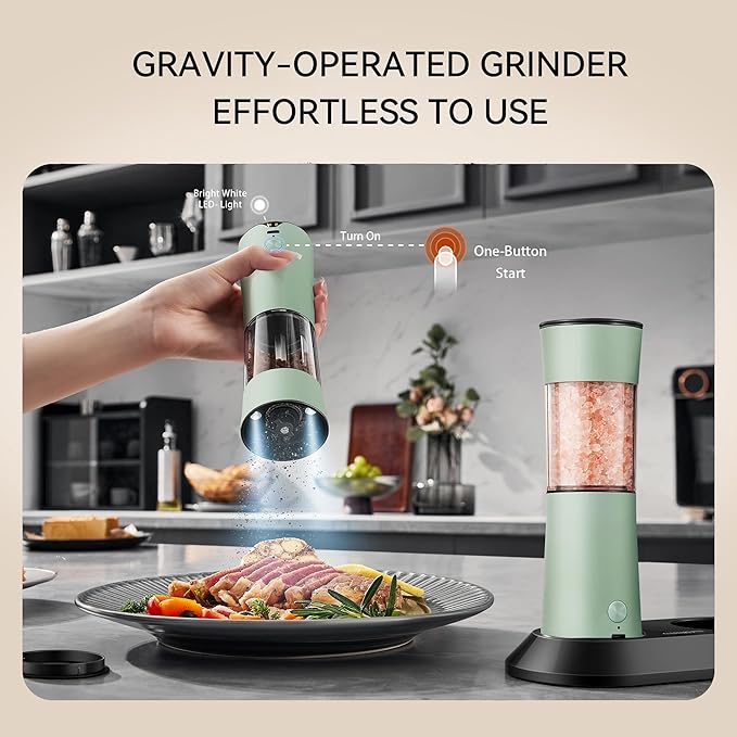 Electric Salt and Pepper Grinder Set?밬SB-C Rechargeable Charging Base Pepper Mill, Dual LED Light, Adjustable Coarseness,One-Handed Operation, Stainless Steel Sage Green Finish,2pack