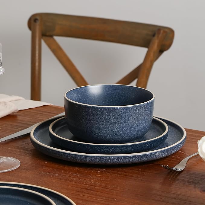 Earth & Clay Amber 12-Piece Dinnerware Set Stoneware, Dishwasher and Microwave Safe Plates and Bowls Set, Dish Set for 4, Blue