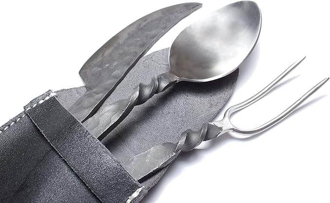 Handforged Medieval Cutlery Set - Stainless Steel Knife, Fork and Spoon Set - Includes Genuine Leather Utensil Pouch