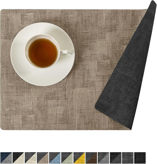 Romanstile Reversible Vinyl Placemats Set of 6, Faux Leather 100% Waterproof Oil-Proof Wipeable Place Mats, Heat Resistant Dual Sided Table Mats for Kitchen/Dining/Party (Grey Khaki, 12 x 17 Inch)