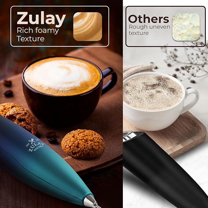 Zulay Kitchen Patented Tornado Triple Whisk Milk Frother with 4 Duracell Batteries ??Handheld Foam Maker for Coffee, Lattes, Matcha & Hot Chocolate ??Rich, Creamy Froth in Seconds
