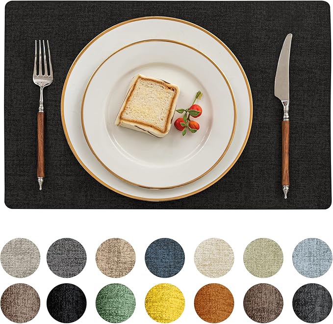 Romanstile Vinyl Placemats Set of 6-12 X 17 Inch - Heat Resistant Place Mats 100% Waterproof Oilproof Wipeable Reversible Faux Leather Table Mats for Kitchen, Dining, Party, Outdoor, Black