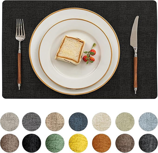 Romanstile Vinyl Placemats Set of 6-12 X 17 Inch - Heat Resistant Place Mats 100% Waterproof Oilproof Wipeable Reversible Faux Leather Table Mats for Kitchen, Dining, Party, Outdoor, Black