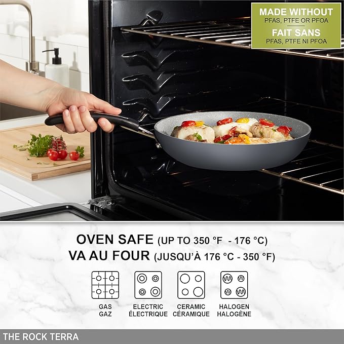 Starfrit The Rock Terra 30cm (12'') Ceramic Non-Stick Deep Fry Pan With Lid - Thick Aluminium Base - PFAS Free - Easy to Clean - Grey