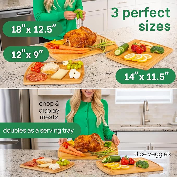 Organic Bamboo Cutting Board Set of 3 with Glue-Free Surface and Lifetime Replacements ??Wooden Chopping Board for Kitchen with Juice Grooves for Carving & Serving, Non Toxic & Durable by Greener Chef