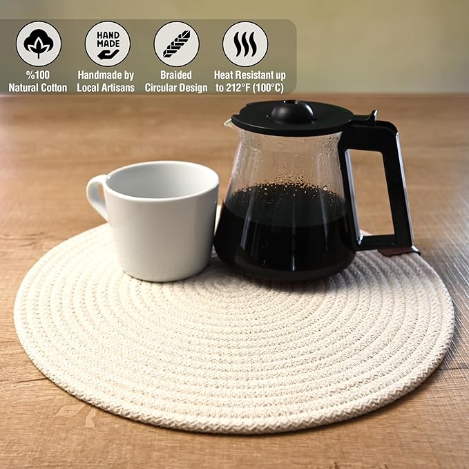 Round Placemats, Set of 4, Handmade by Braided Cotton Cord for Kitchen and Dining Table, Dia. 12.6 Inch, Doublesided, Heat Resistant, Off-White/Cappuccino