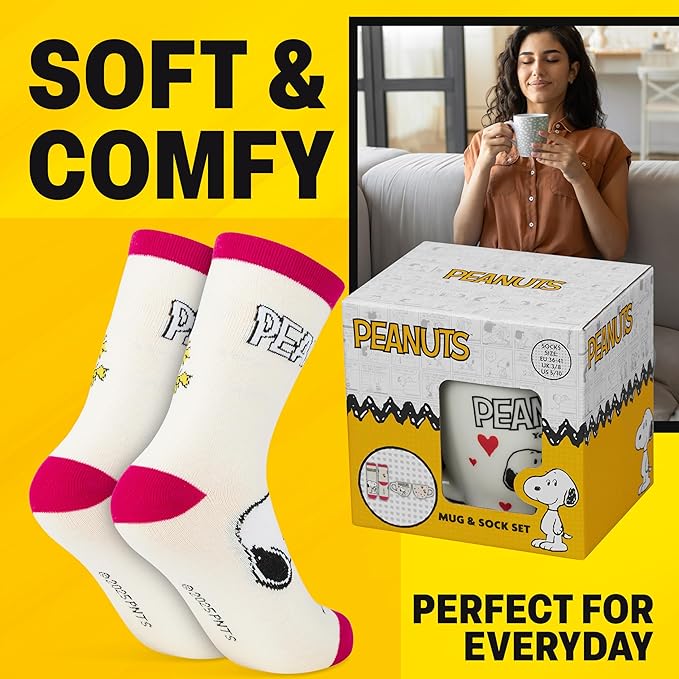 Get Trend Peanuts Snoopy Coffee Mug and Socks Set, 11.5 oz Ceramic Cup with Soft Crew Socks, Woodstock, Christmas, Secret Santa Gifts for Women (Pink Snoopy)