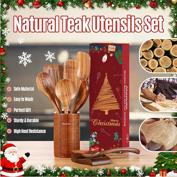 Wooden Spoons for Cooking, Wooden Utensils for Cooking Natural Teak Wooden Kitchen Utensils Set Comfort Grip(9 PCS Xmas Gift)