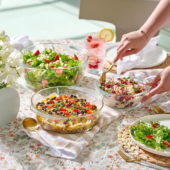Le'raze 6-Piece Glass Tureen Dishes for Oven - Durable Borosilicate Glass Bakeware Set with Lids, Microwave Safe, Versatile Round Covered Baking Dishes. Clear Lead-Free Casserole Cookware.