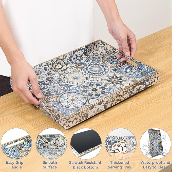 Boho Coffee Table Trays Serving Tray with Handles Large Tray for Ottoman Modern Decorative Tray for Living Room