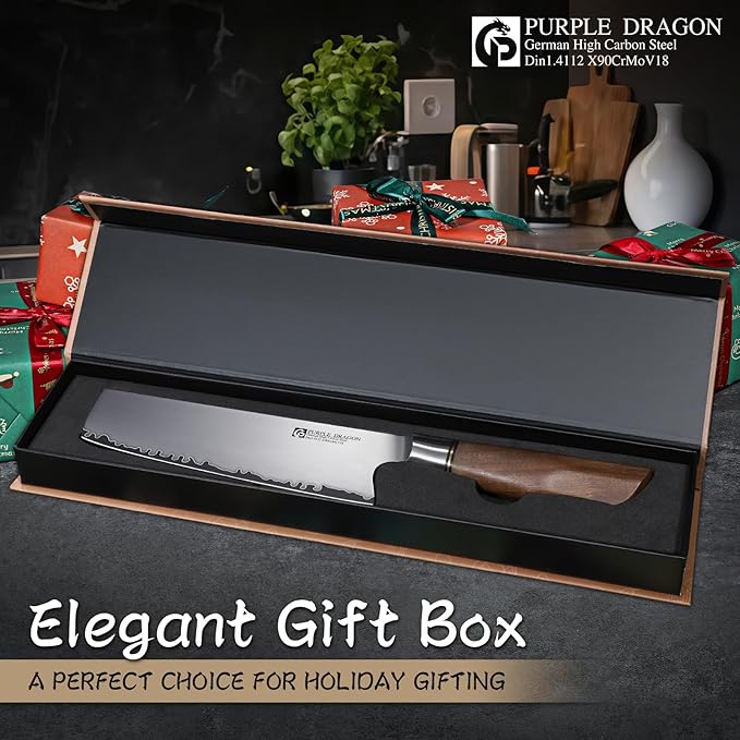 Purple Dragon Nakiri Knife, 7 Inch Meat Cleaver, German Vg10 Steel Japanese Kitchen Knife for Meat Cutting Chopping Dicing Vegetables, Ergonomic Wooden Handle - Christmas Gift for Men and Women